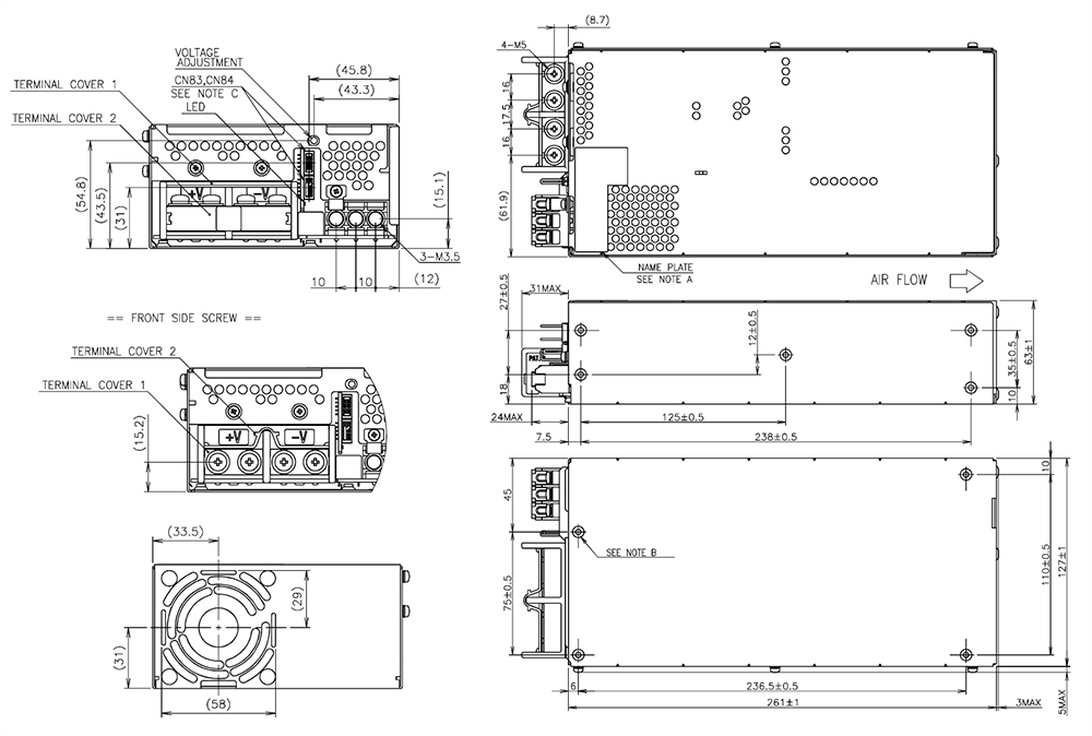 Mechanical Drawing - TDK-Lambda CUS1500M Medical and Industrial Power Supplies