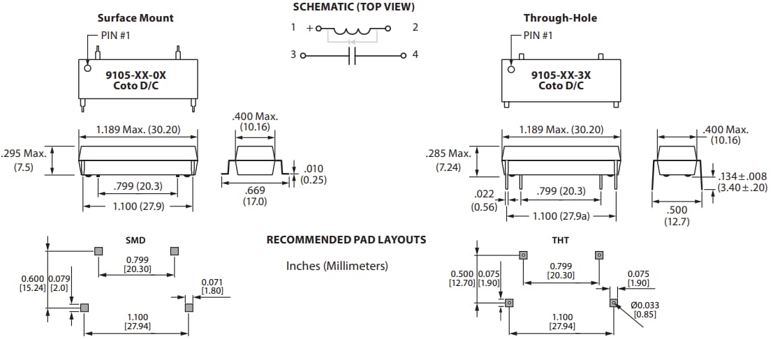 Mechanical Drawing - Coto Technology 9105 Hi-Voltage SMD & DIP Reed Relays