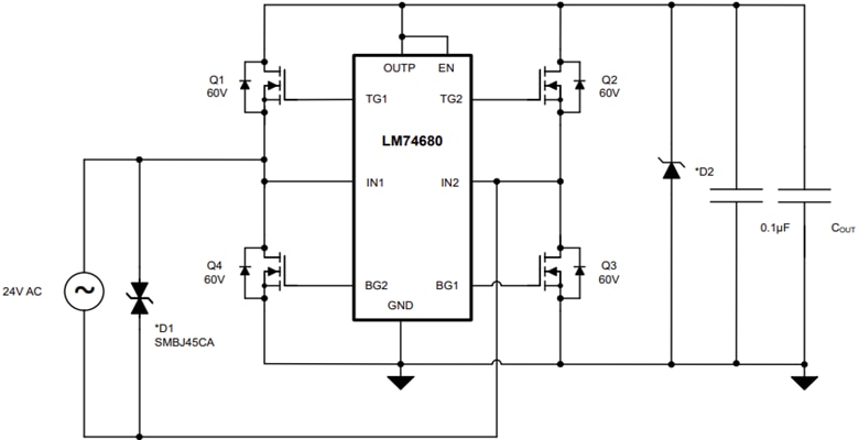 Application Circuit Diagram - Texas Instruments LM74680 Ideal Diode Bridge Controller Application Circuit Diagram - Texas Instruments LM74680 Ideal Diode Bridge Controller