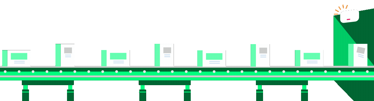 Boxes moving along a factory conveyor belt with a wireless sensor checking for defects